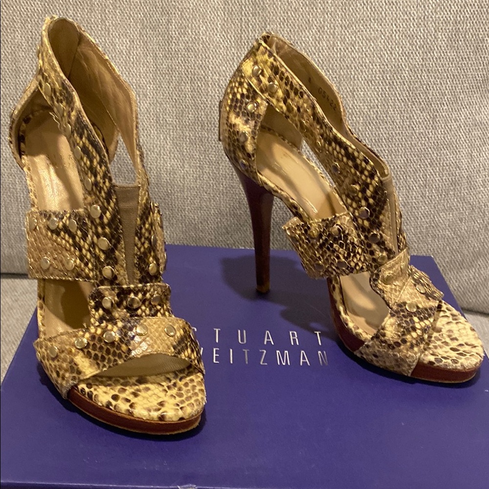 Stuart Weitzman Gold Snakeskin Studded Stiletto Sandals
